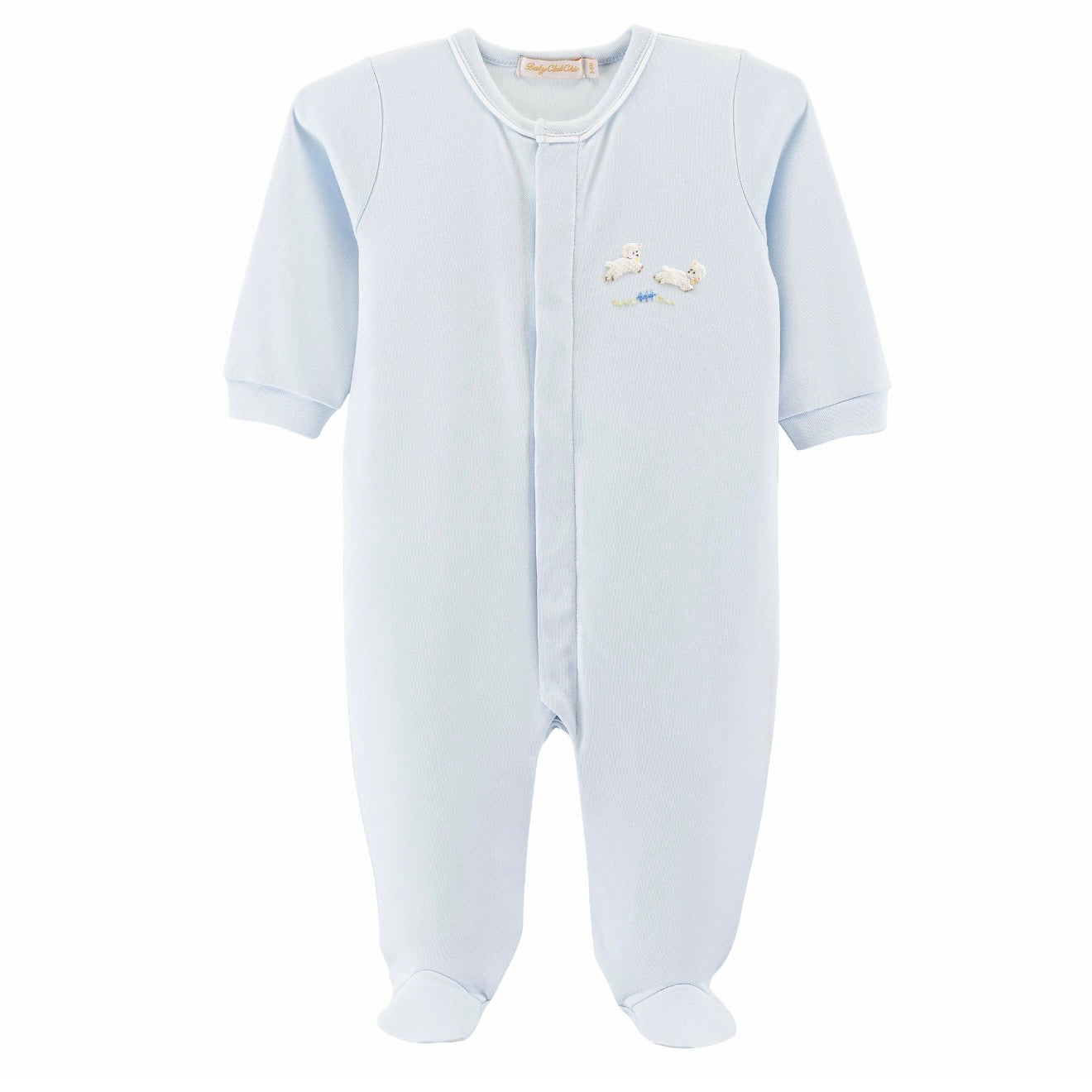 Baby lambs blue footie with piping trim