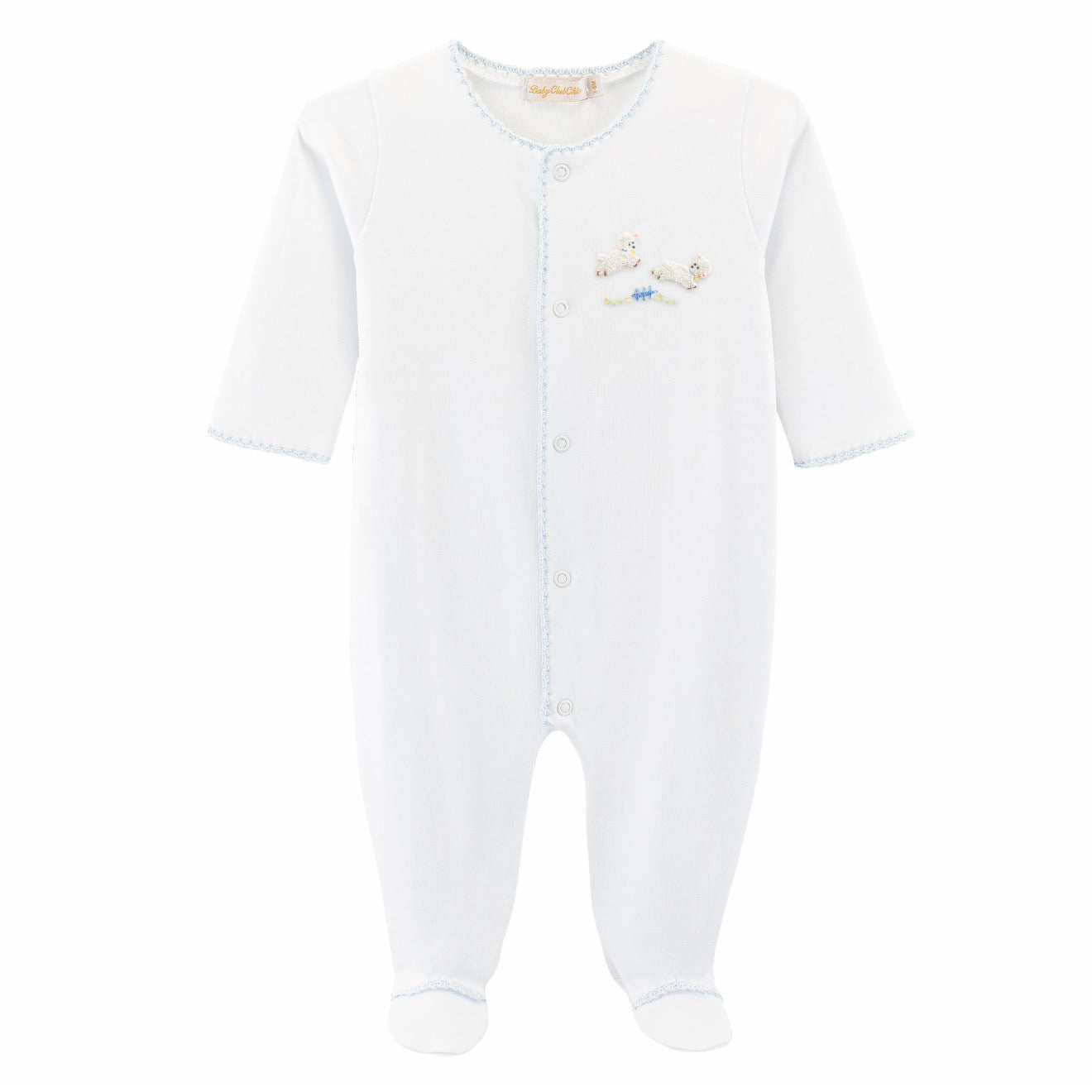 Baby lambs white footie with blue trim