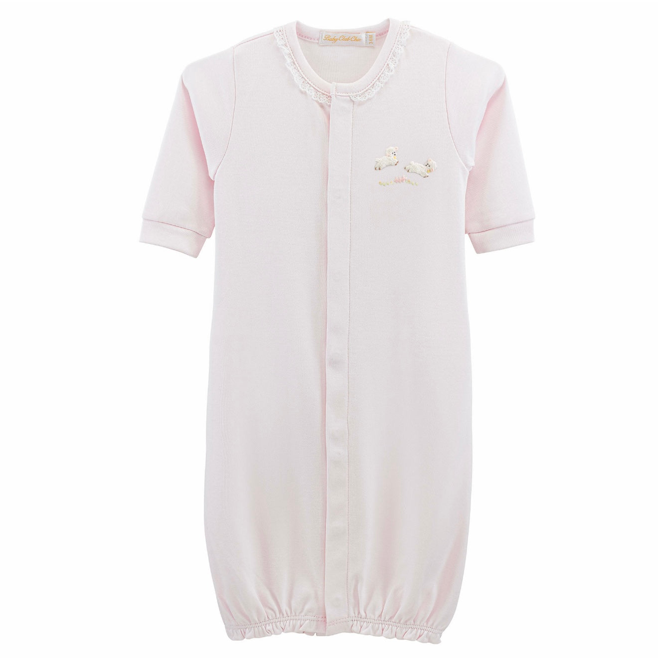 Baby lambs pink gown with white lace trim