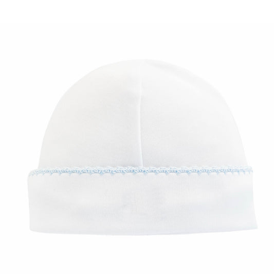 Hat with blue crochet trim