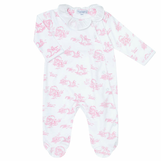 Pink toile crossover footie