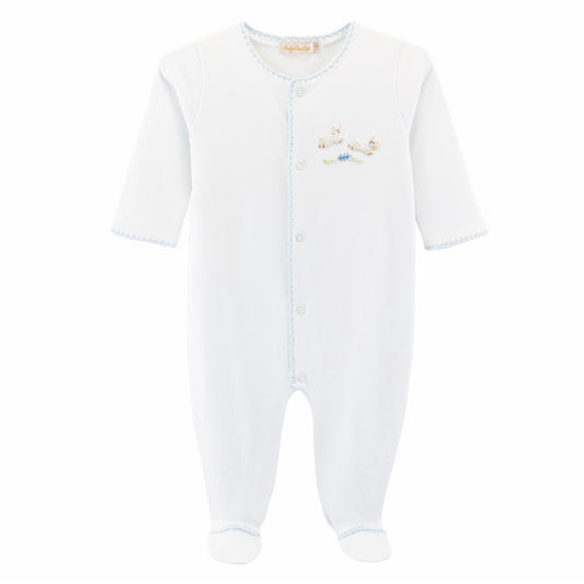 Baby lambs white footie with blue trim