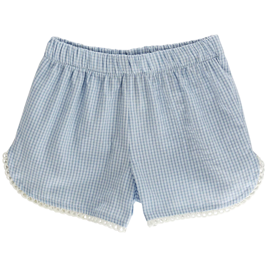 Blue Check Seersucker - Girls Short with Ruffle