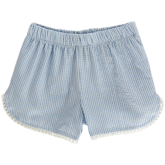 Blue Check Seersucker - Girls Short with Ruffle