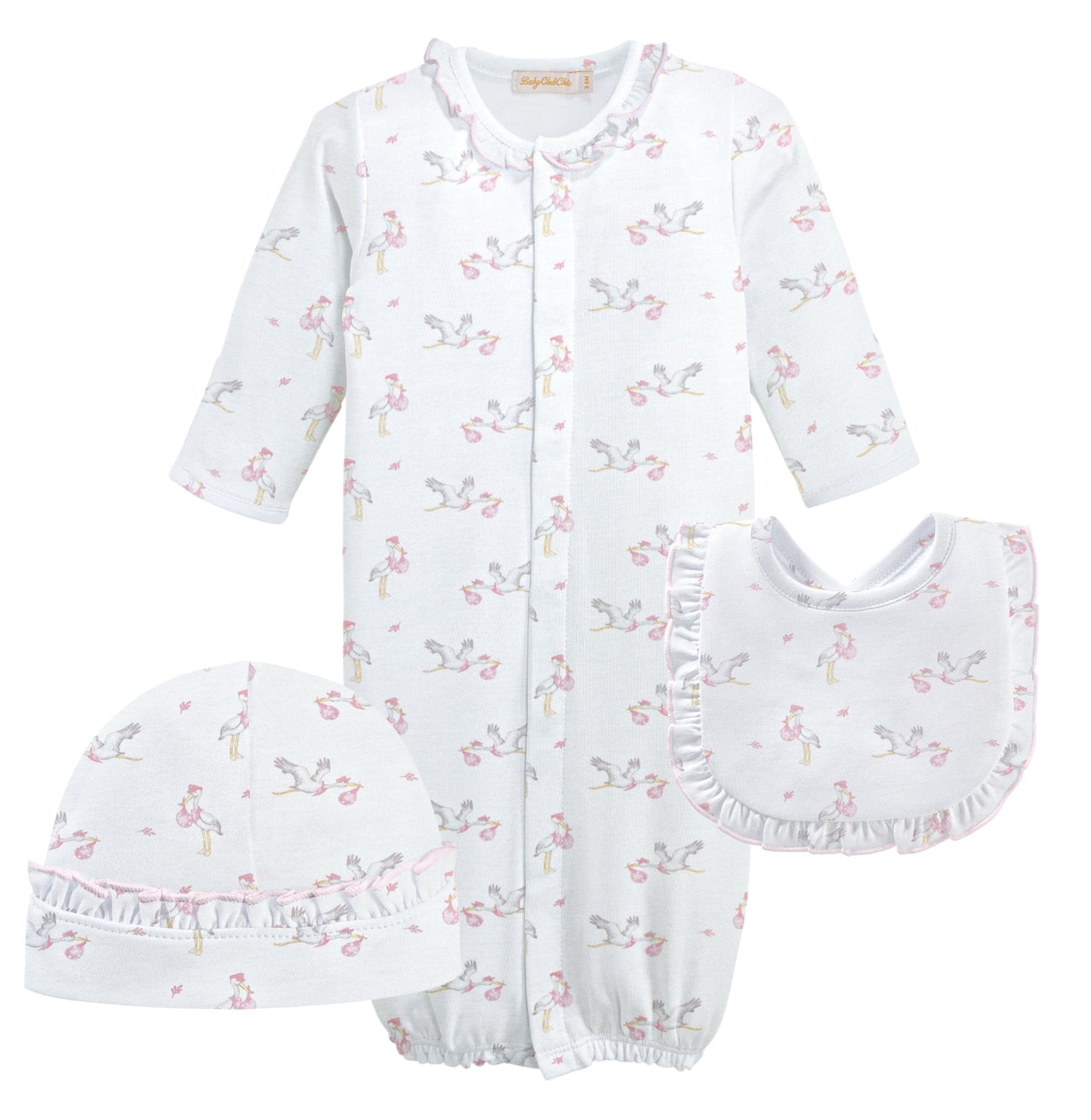 Storks 3 piece set. Gown. Bib & hat