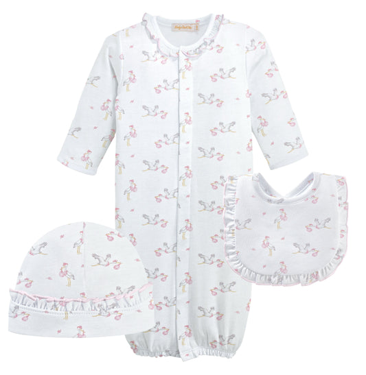 Storks 3 piece set. Gown. Bib & hat